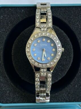 Fossil Watch Silver Tone Blue Dial Rhinestone Bezel
